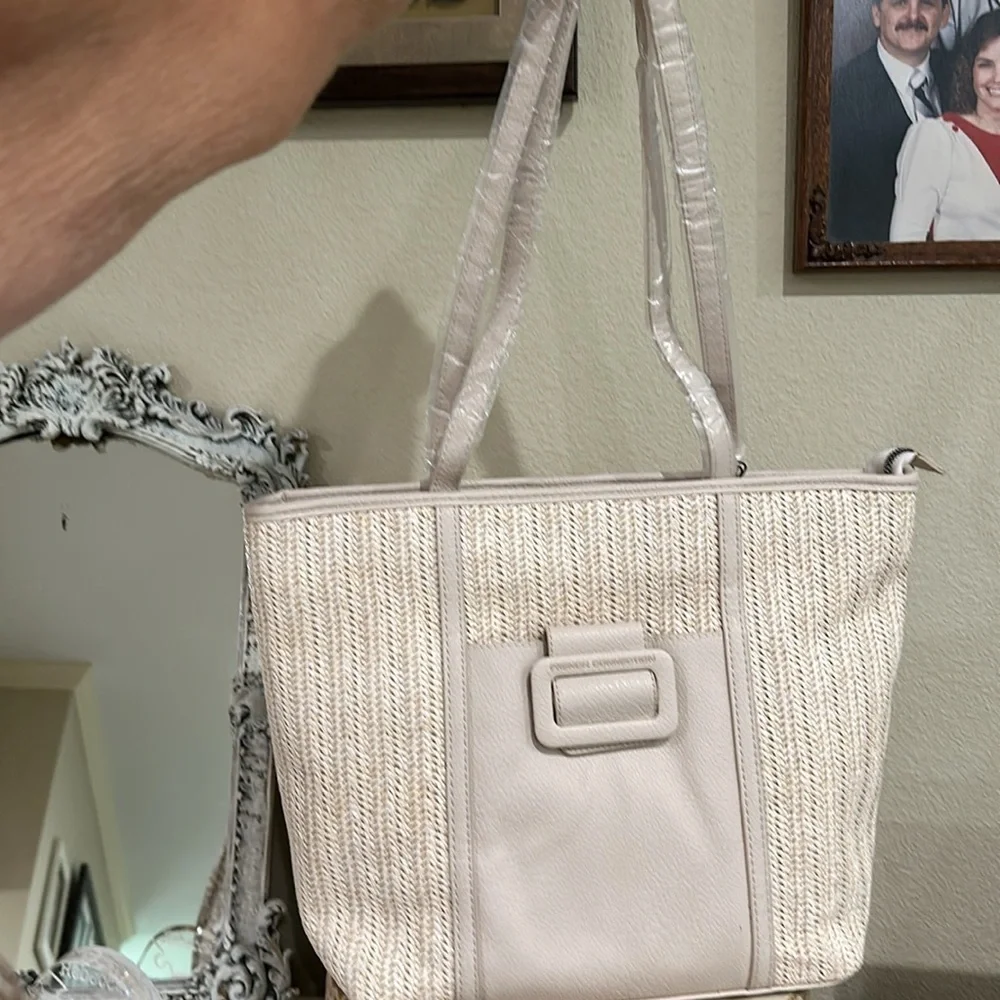 NWT French Connection straw double handle tote bag. Color wheat. Price firm